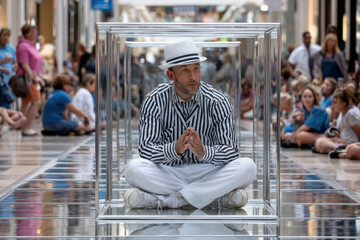 Street performer captivates shoppers with unique art performance in indoor mall