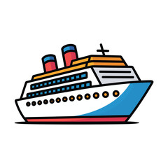 Obraz premium A colorful cartoon cruise ship sailing on the ocean water