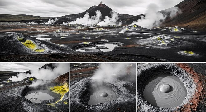 Steam rising from volcanic mud pools.