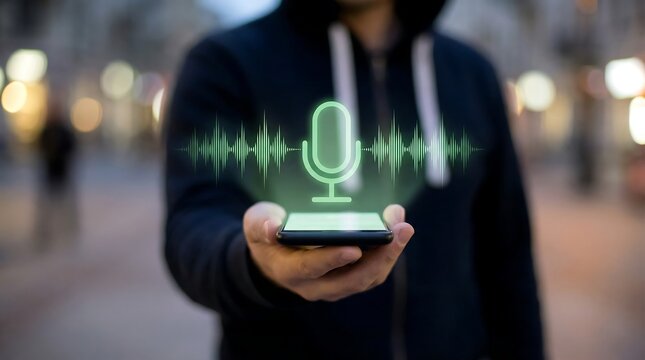 A person holds a smartphone, displaying a glowing green microphone icon and sound waves, symbolizing mobile voice assistant interaction outdoors.