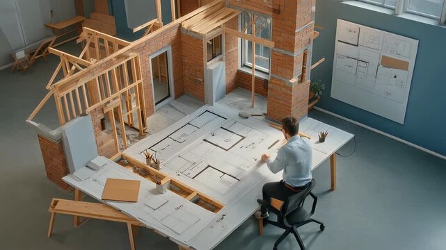 An architect meticulously designs a building's blueprint on a large-scale floor plan.