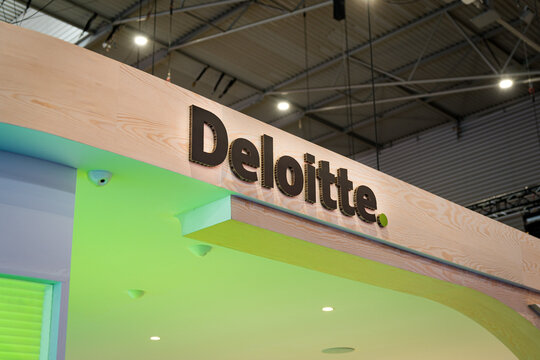 Barcelona, Spain - 02.03.2026: the Deloitte consulting and accounting firm logo is seen at a trade show