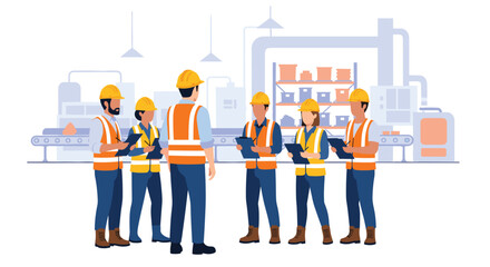 Obraz premium Seven factory workers in hard hats and vests are gathered in a discussion within an industrial setting.
