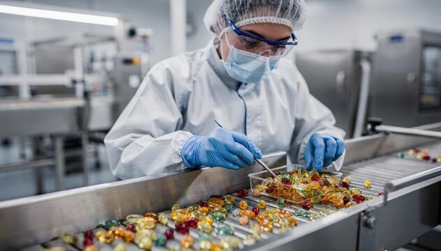 Quality inspector handling softgel capsules selecting and tagging samples on conveyor belt to verify formulation integrity and batch uniformity in pharmaceutical production.