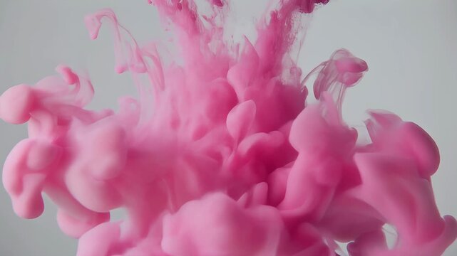 Vibrant pink ink cloud disperses in clear liquid against a soft gray background.
