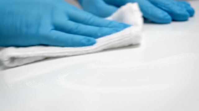 Hand in blue glove cleaning white surface with cloth close up removing grime and sanitizing table top