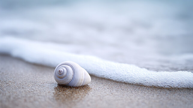 Seashell on Beach Sand with Ocean Waves Background