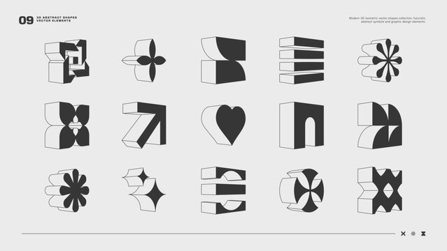 Modern 3D isometric vector shapes collection, futuristic abstract symbols and graphic design elements.
