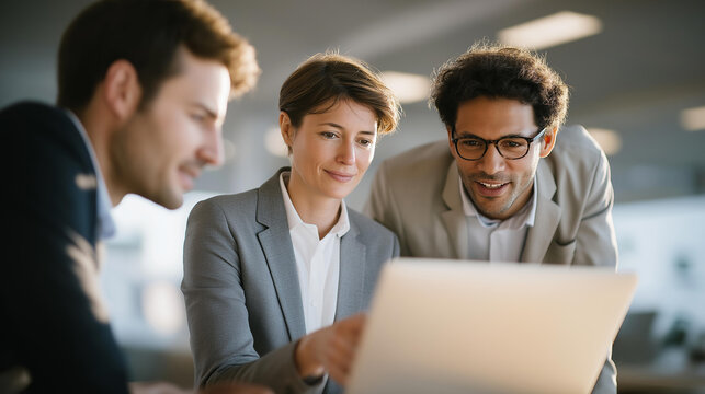 A modern workspace showcasing alignment in team collaboration, featuring individuals discussing project goals while arranged strategically around a round table for optimal synergy and efficiency in