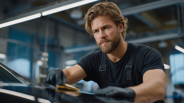 A technician is applying coating on a car's surface to protect the paint and enhance its shine in a clean garage environment during daylight, capturing the detailed process and tools involved.