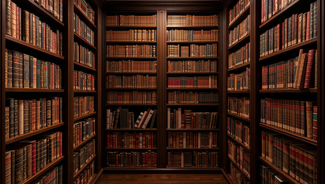 Expansive library interior with floor-to-ceiling dark wood bookshelves filled with antique books