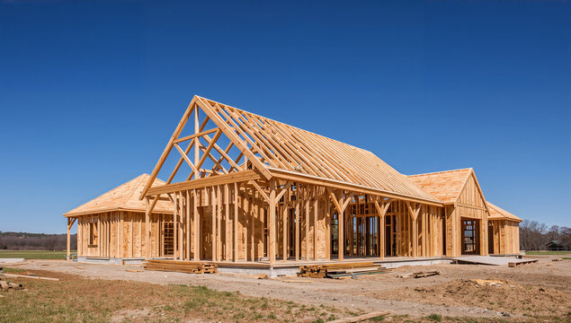 New house framing construction in progress against a clear blue sky