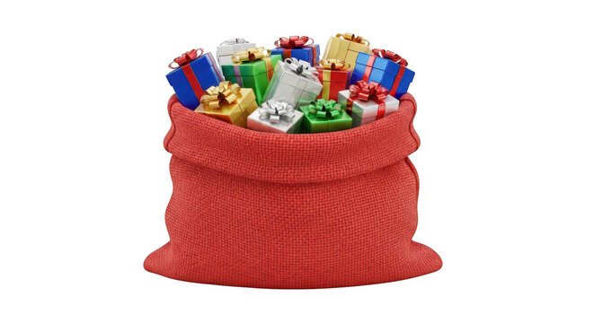 A festive sack filled with colorful wrapped holiday gifts and candy canes.