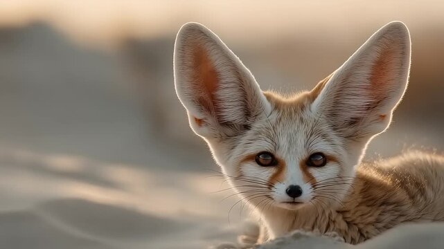 Close up portrait of a fennec fox with large ears in the desert sand.