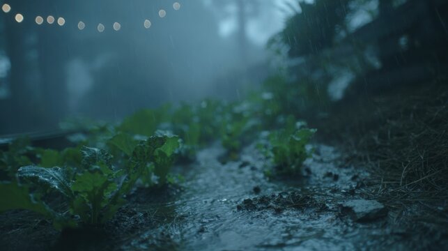 Damp Kale Plants Growing on a Rainy Farm Field with Soft Overhead Lights