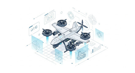 Fototapeta premium Detailed illustration of an airplane with propellers and intricate design elements.