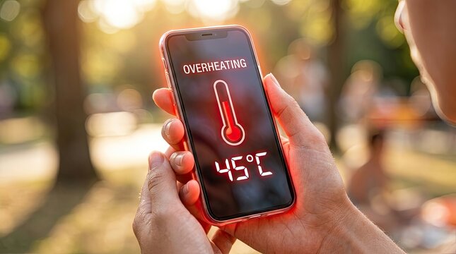 Smartphone Overheating in Sunlight with High Temperature Warning Displayed.