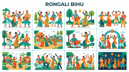 Fototapeta premium Rongali Bihu Festival Celebration: People Dancing and Playing Music