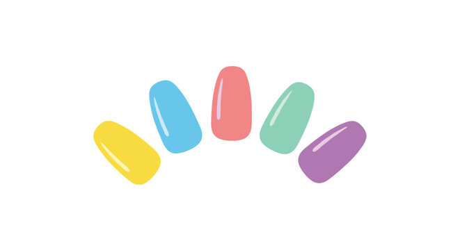 Five brightly colored fingernails are displayed in an arc against a clean white background.