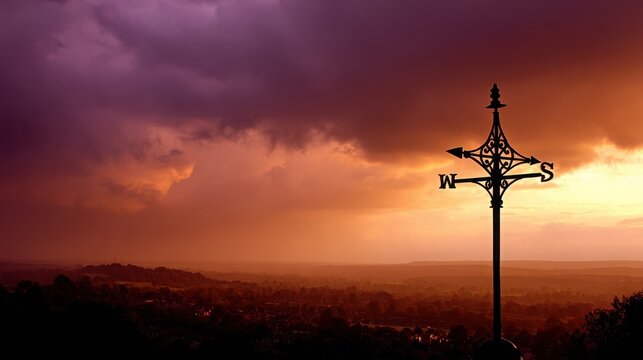 Intricate weather vane silhouetted against a dramatic sunset sky with swirling storm clouds and rolling hills below.