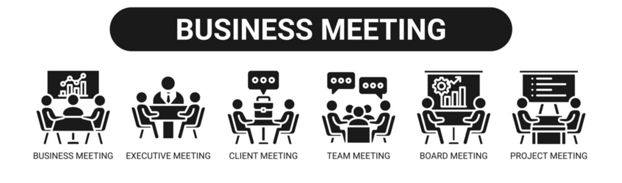 Business Meeting web banner icon vector illustration concept with icons of business, executive, client, team meeting, board meeting, and project meeting.