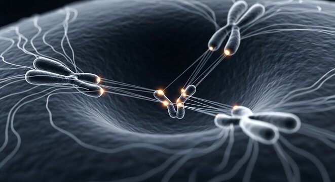 Microscopic View of Chromosomes Aligning During Cell Division.