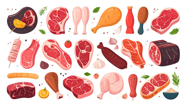 Collection of illustrated meat cuts and sausages including beef, pork, poultry, steaks, ribs, drumsticks and culinary food elements"