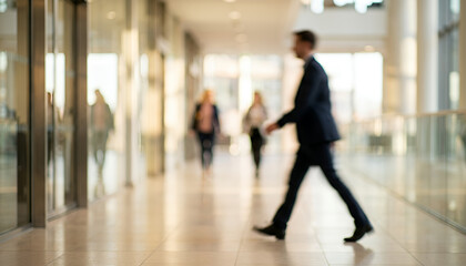 Fototapeta premium Blurred office corridor scene shows professionals walking through a modern workspace with glass walls and warm lighting, creating a sense of motion, productivity, and corporate daily routine.