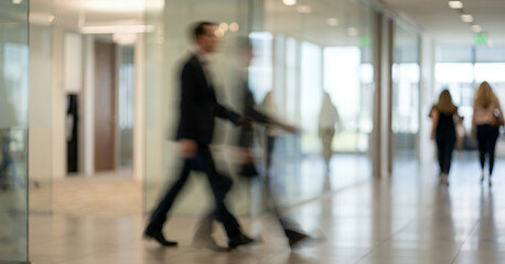 Fototapeta premium Defocused corporate scene presents a walking figure in the foreground and a small group behind, illustrating teamwork, movement, and a clean, modern office setting.