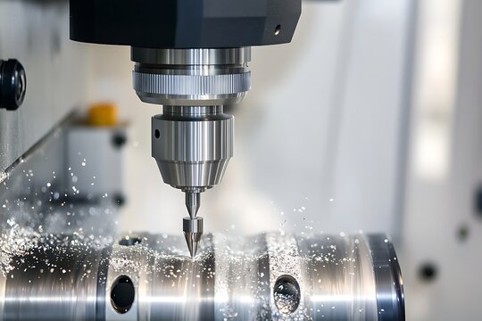 Cnc milling machine in action drilling into a metal workpiece
