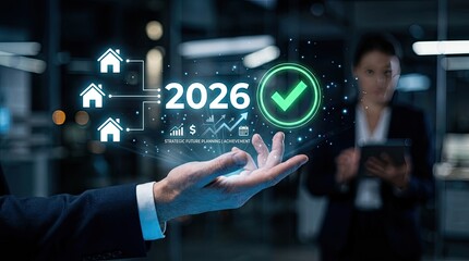 Fototapeta premium Businessman showing virtual interface with 2026, checkmark, and house icons.
