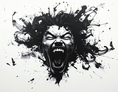 Explosive Outburst Dynamic black and white ink illustration capturing a primal scream with chaotic splatters and intense emotional expression, showcasing raw power and unrestrained energy