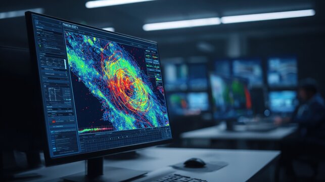High-tech computer screen displaying colorful weather radar data with atmospheric patterns for scientific analysis