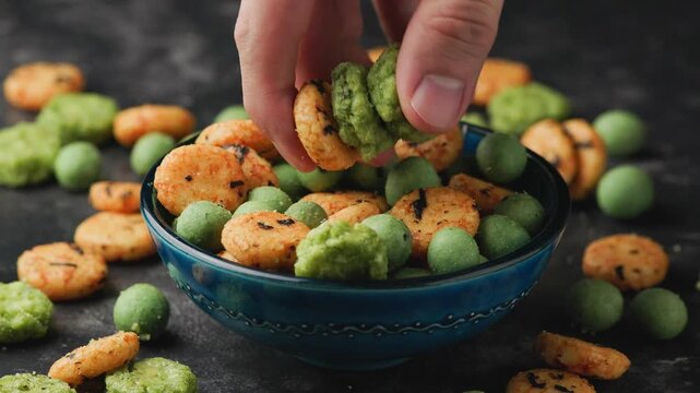 Japanese Wasabi Rice Crackers. Party snack crackers with nori and peanuts