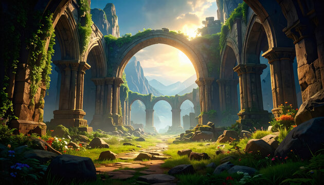Ancient Stone Arch Ruins in Mountain Landscape with Sunlight and Lush Nature