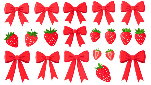 Seamless repeating pattern of red strawberries and decorative bows on white background for fabric, wallpaper and graphic design"