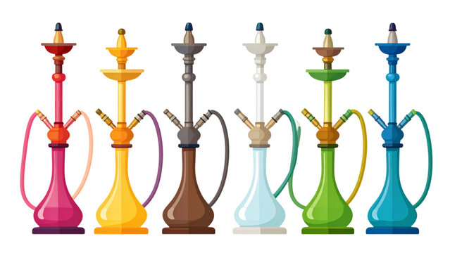 Collection of colorful hookah water pipes with hoses and bowls, traditional shisha smoking equipment in decorative vector illustration"