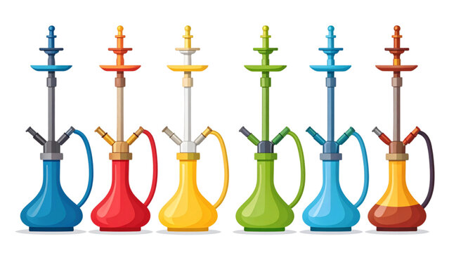 Collection of colorful hookah water pipes with hoses and bowls, traditional shisha smoking equipment in decorative vector illustration"