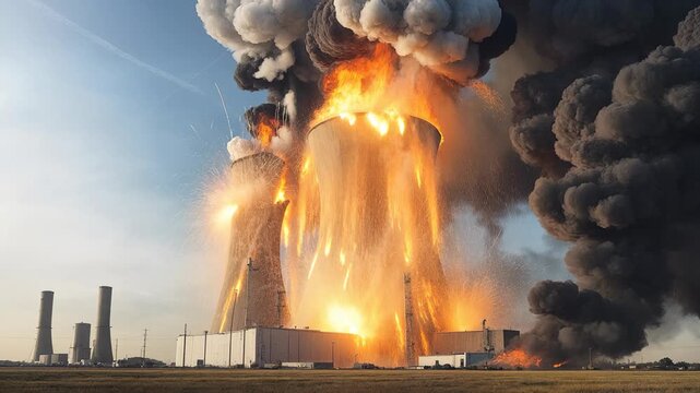 Massive explosion at a nuclear power plant with cooling towers engulfed in fire and thick black smoke plumes.