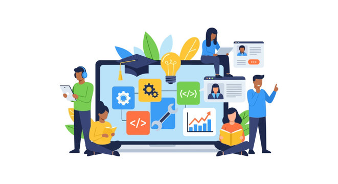 Digital Education Platform: Diverse Students Learning Online, Skill Development, Coding, and Technical Training Concept Illustration.