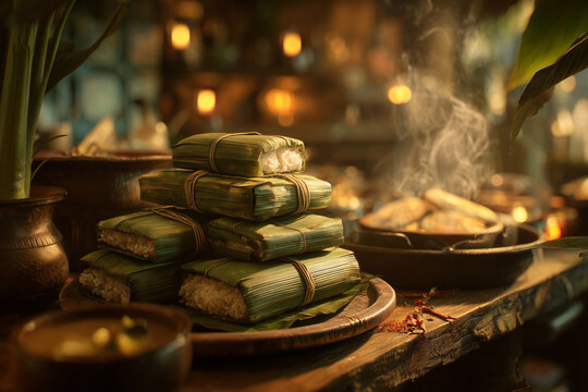 Burasan is served with traditional dishes, namely rice cakes wrapped in banana leaves and stacked together.