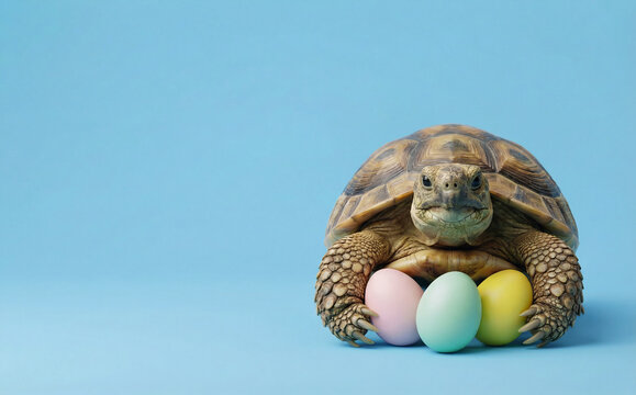 Tortoise holding colorful pastel Easter eggs on blue background, cute Easter reptile portrait with bright colors, minimal creative studio scene and playful spring holiday mood