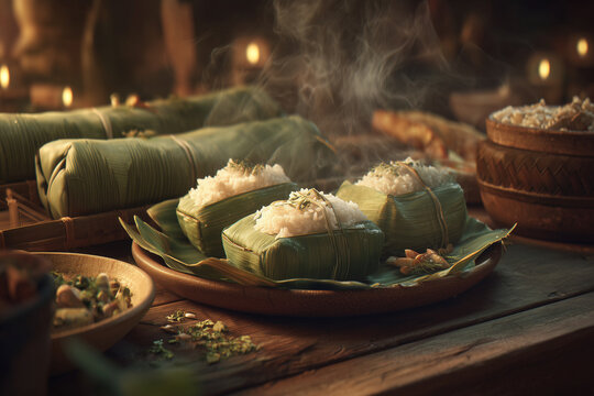 Burasan is served with traditional dishes, namely rice cakes wrapped in banana leaves and stacked together.