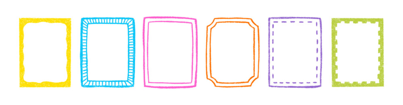 Colorful crayon border frames set. Cute hand-drawn rectangles for children's photos, text, artwork. Simple doodle style with pastel chalk texture. Vector illustration.