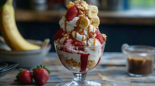 Delicious banana split sundae with strawberries whipped cream and caramel sauce in a glass dish on a table