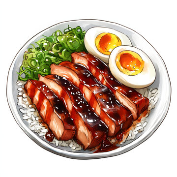 Hong Kong-style barbecued pork rice, 2D watercolor illustration separated on a transparent background.