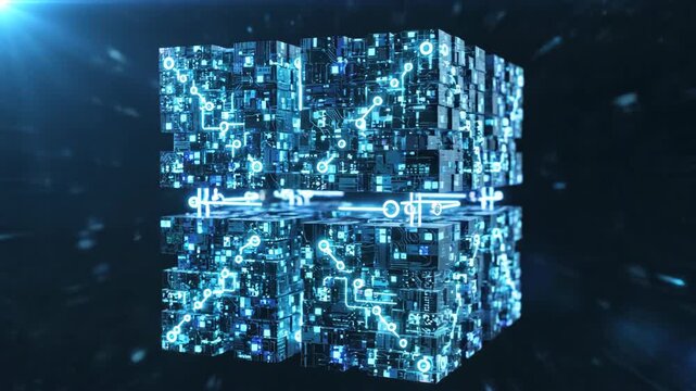 Futuristic digital financeweb3 cube glowing with blue circuit technology data network, virtual reality innovation concept, advanced glowing circuit