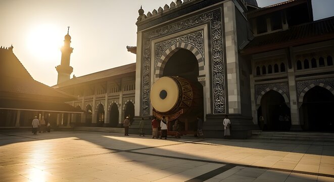 Grand mosque courtyard at golden hour with massive traditional bedug drum under ornate Arabic-carved archway, people in traditional attire, warm sunset light. Eid al-Fitr & Ramadan atmosphere photo.
