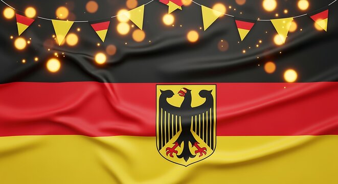Vibrant German flag with national emblem, adorned with festive string lights and colorful bunting, symbolizing celebration and national pride.