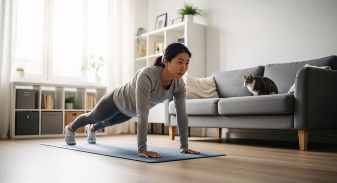 Woman doing push-ups on yoga mat.